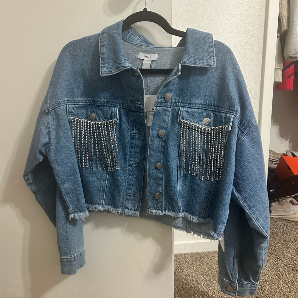 Cropped Cowgirl Jean Jacket- Rhinestone Fringe